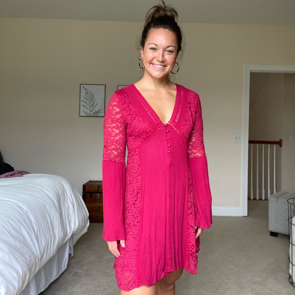 Pink lace dress with bell sleeves
